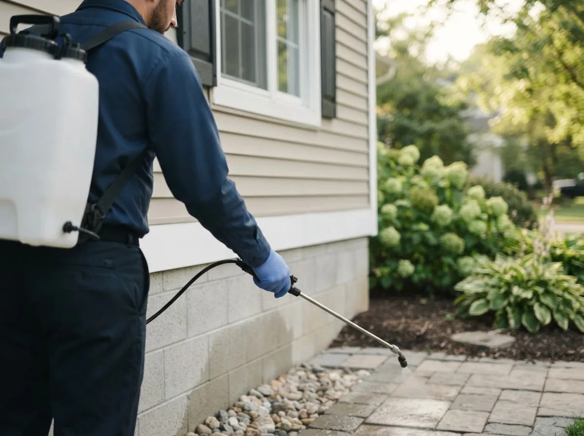 Pest control technician inspecting a home in Briggsville, WI